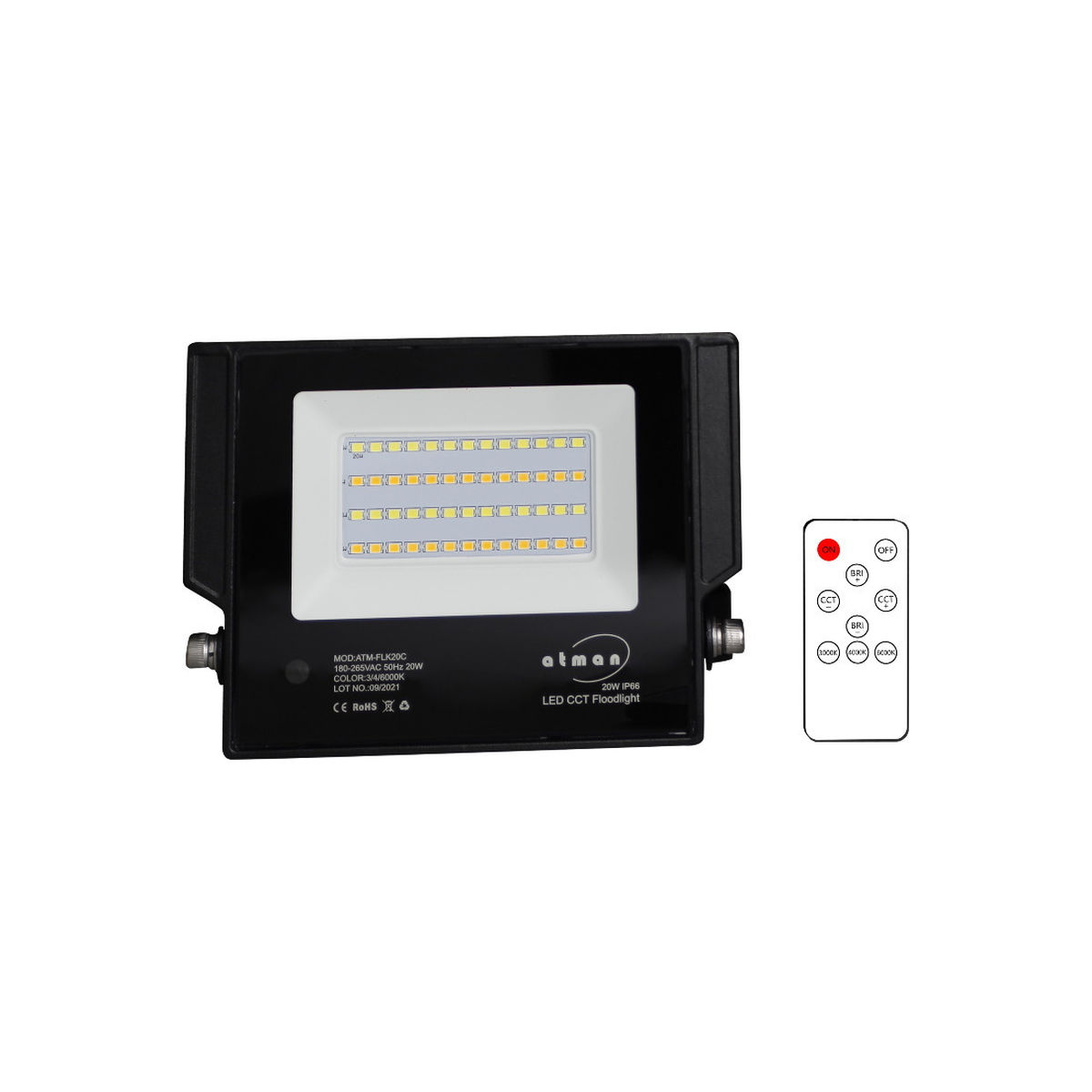 100-015-509 Atman Στεγανός Προβολέας LED 20W Ψυχρό Λευκό 6000K με Τηλεχειριστήριο IP66 - Изображение 1